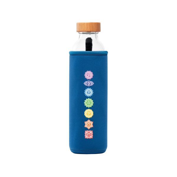 Flaska Chakras with blue neoprene sleeve, water structuring